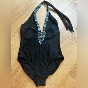 Helen Jon Plunge Halter One Piece | Black/Multicolor | Size M